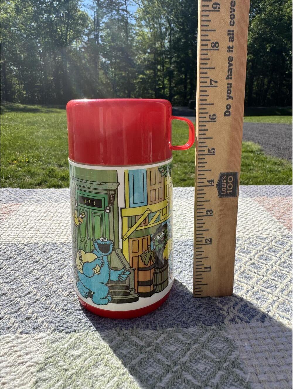 Vintage Sesame Street Thermos with Red Lid and Handle